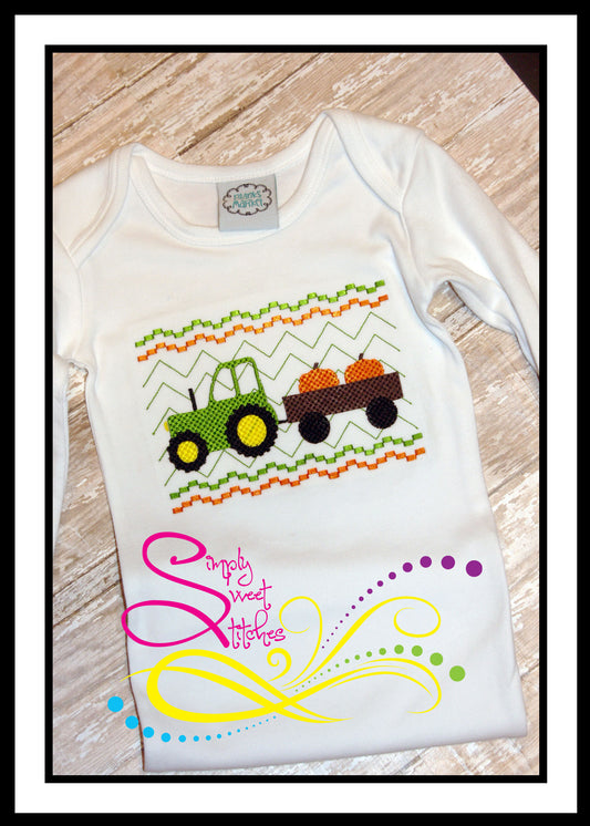1171 - FAUX SMOCKED TRACTOR WITH PUMPKINS - EMBROIDERY CHILD SHIRT